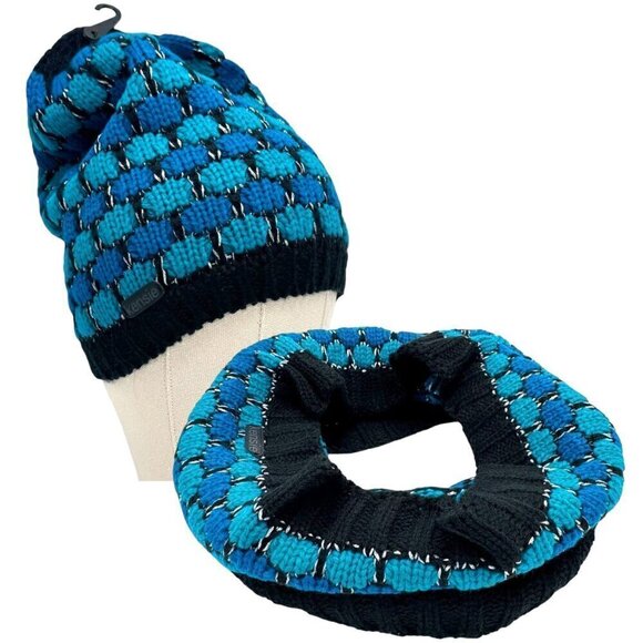 NWT KENSIE Knit Beanie & Infinity Scarf Set 2PCs Blue Turquoise Geometric - Picture 3 of 16